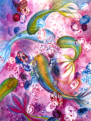 宝石の中を泳ぐ魚の色鉛筆イラスト