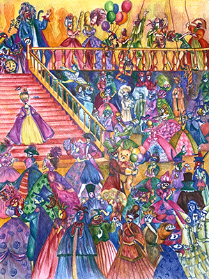 仮面舞踏会の色鉛筆イラスト