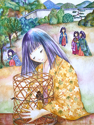 源氏物語の若紫の色鉛筆イラスト