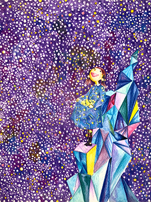 夜空の星をたくさん集める女の子の色鉛筆イラスト