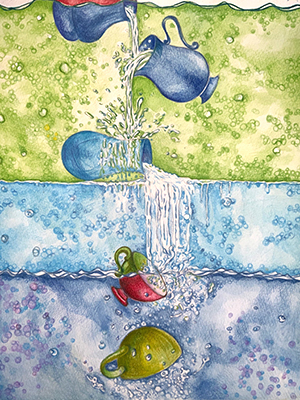 水がこぼれる瞬間を描いた色鉛筆イラスト