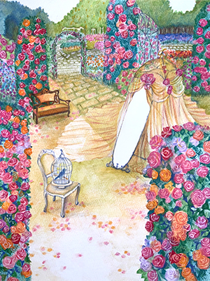 誰もいないバラの花園の色鉛筆イラスト