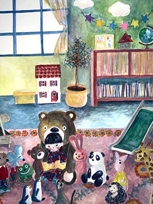 動物に囲まれて絵本を読む女の子の水彩イラスト