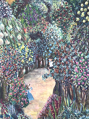 森の中にいる女の子二人の水彩イラスト