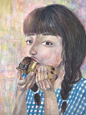 ケーキを食べている女の子の水彩イラスト