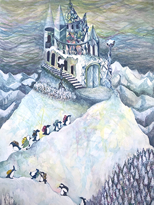 氷のお城を目指すペンギンの群れの水彩イラスト