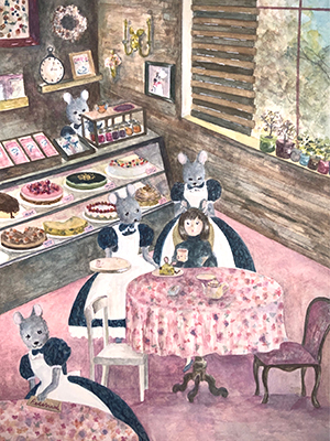 ネズミのカフェでお茶をする女の子の水彩イラスト