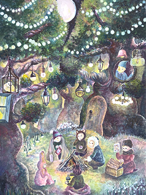 夜の森でおしゃべりをする妖精達の水彩イラスト