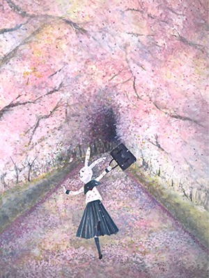 桜トンネルの中学校に向かううさぎさんの水彩イラスト