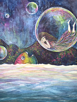 海で魚と遭遇した女の子の水彩イラスト