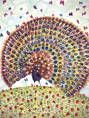 花畑にいる孔雀と蝶々の水彩イラスト