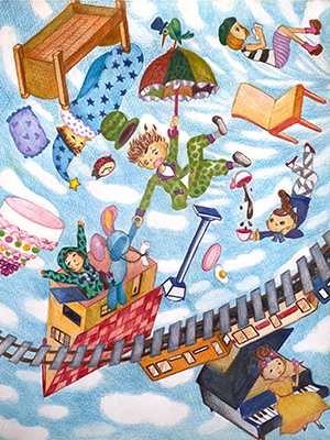 町が吸い込まれる様子を描いた色鉛筆イラスト