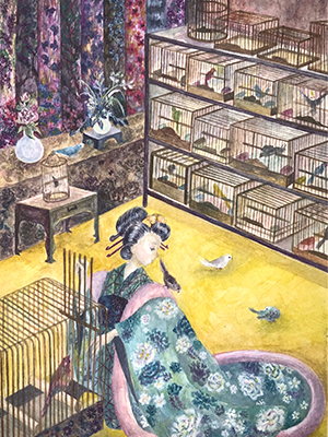 鳥と戯れるお姫様の水彩イラスト